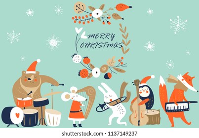 Vector Christmas Greeting Card With Cute Music Animal Band In Cartoon Style