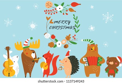 Vector christmas greeting card with cute music animal band in cartoon style