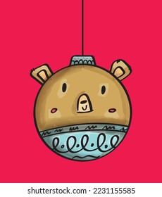 Vector Christmas greeting card with cute vector animal character christmas ball. Teddy bear Christmas tree decoration hanging ball on red background. Vector illustration EPS10.