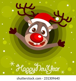 Vector Christmas greeting card with cute reindeer on green background