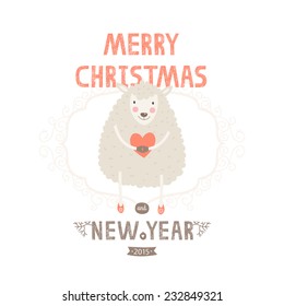 Vector christmas greeting card with cute sheep and heart, decorative elements, new years illustration