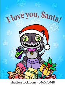 Vector Christmas greeting card with a cute cat sitting on a pile of giftboxes. Cat in xmas red hat drinks energy drink from tin can.  I love you, Santa! Text message on top. Snowflakes on background