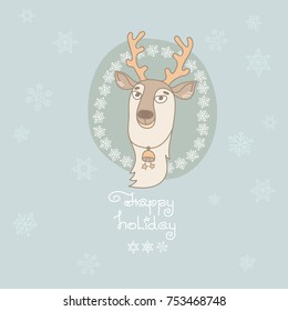 Vector Christmas greeting card with cute deer, snowflakes and handwritten words Happy Holiday on light blue background.