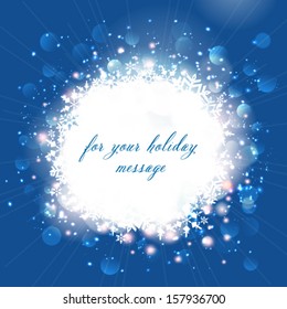 Vector Christmas greeting card with defocused lights and snowflakes.