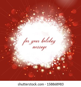 Vector Christmas greeting card with defocused lights and snowflakes.