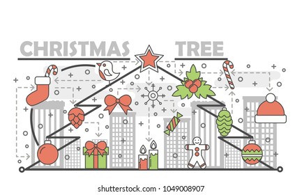 Vector Christmas greeting card design with holiday decorative symbols santa claus hat, gift boxes, candies, christmas balls, holly berries, Christmas tree lettering. Modern flat thin line illustration