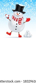Vektor Weihnachtsgrußkartendesign mit lächelndem Weihnachtsmann, Stehen in der Nähe des Haufens von Schneebällen und halten einen Schneeball in der Hand. Happy Schneemann mit einem schwarzen Hut, der ein Schneeballspiel spielt.