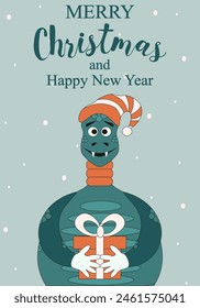 Vector Christmas greeting card Design in trend Retro Cartoonish style. 2025 Chinese New Year poster with cute asian zodiac Snake. Typography holiday 2025 concept. EPS 10 Editable stroke.