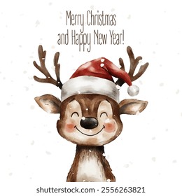 Vector Christmas greeting card design. Cute reindeer in a Sants's hat. Merry Christmas and Happy New Year poster. 