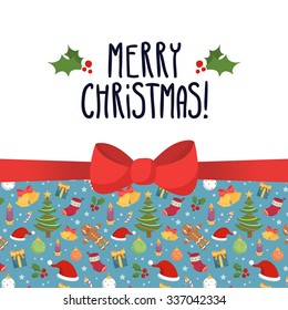 Vector Christmas greeting card design template with holiday symbols - stars, santa hats, bells, gifts, socks, christmas trees, decorations, candles, gingerbread men and holly- and cute bow