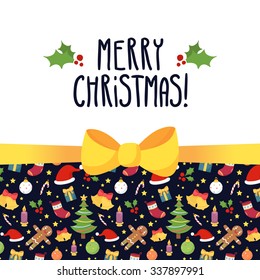 Vector Christmas greeting card design template with holiday symbols - stars, Santa hats, bells, gifts, socks, Christmas trees, decorations, candles, gingerbread men and holly- and cute bow