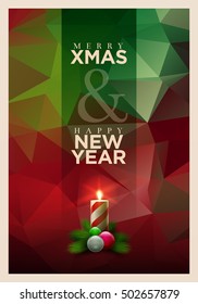 Vector Christmas greeting card design with candle on abstract polygonal background.
