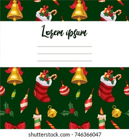 Vector Christmas greeting card design frame text with holiday elements: jingle bell, sock with gifts, candle, holly berry and lollipop. Banner design