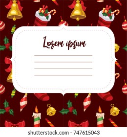 Vector Christmas greeting card design frame text with Christmas holiday elements: jingle bell, sock with gifts, candle, holly berry and lollipop. Banner design