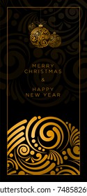 Vector Christmas greeting card design. Abstract swirl Christmas ball on black background.