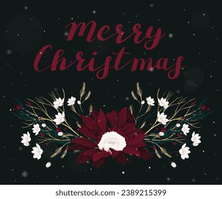 Tarjeta de felicitación navideña vectorial con flores elegantes