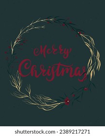 Vector Christmas greeting card with elegant floral wreath