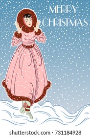 Vector Christmas greeting card with elegant vintage lady over the snow. Art Deco. Modern. 1920s and 1930s. Beautifully detailed festive design. Christmas mood. Print. poster, postcard.