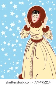 Vector Christmas greeting card with elegant vintage lady over the snow. Art Deco. Modern. 1920s and 1930s. Beautifully detailed festive design. Christmas mood. Print. poster, postcard.