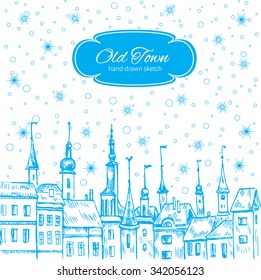Vector Christmas greeting card with european old houses and snowflake, Template poster, card with urban scene, snowed in city street, Hand drawn whimsical style cartoon illustration, holiday invite