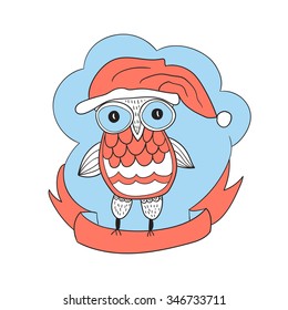Vector Christmas Greeting Card with Funny Owl