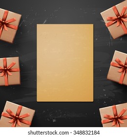Vector Christmas Greeting Card with gift box. Happy new year xmas. Paper for design