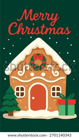 Vector Christmas greeting card with gingerbread house, wreath, tree and gift. Festive cozy holiday illustration in warm red and green colors.Part of cozy Christmas house collection