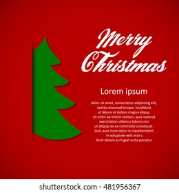 Vector Christmas greeting card with green christmas tree and lettering. Christmas background.