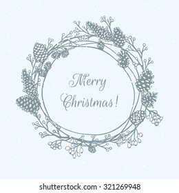 Vector Christmas greeting card. Hand drawn wreath made of Christmas floral elements. Beautiful floral Christmas design.