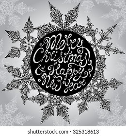 Vector Christmas Greeting Card with hand drawn ornamental doodle snowflakes