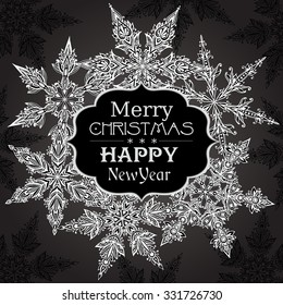 Vector Christmas Greeting Card with hand drawn ornamental doodle snowflakes.