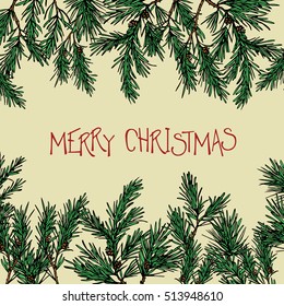 Vector Christmas greeting card. Hand drawn pine branches with handwritten Merry Christmas text. Beautiful floral Christmas design.