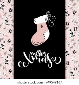 vector christmas greeting card with hand lettering phrase - merry xmas - and sock on christmas decor background