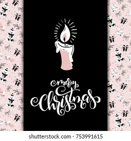 vector christmas greeting card with hand lettering phrase - merry xmas - and candle on christmas decor background.