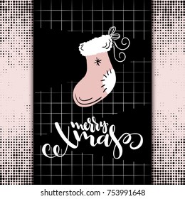 vector christmas greeting card with hand lettering phrase - merry christmas - and sock on halftone background