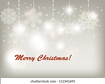 Vector Christmas Greeting Card with hanging snowflakes,   fully editable eps 10 file, snowflakes can be used separately, mesh and transparency effects