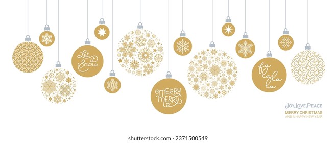 Tarjeta de felicitación de Navidad vectorial con bolas de Navidad colgantes decoradas con patrones geométricos abstractos