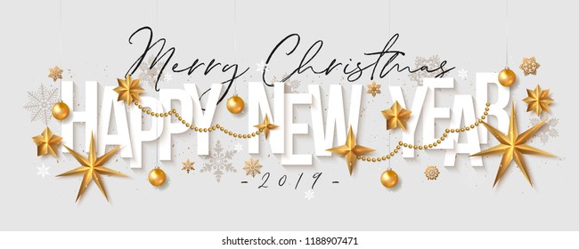 Vector Christmas Greeting Card. Happy New Year grey background with gold foil stars, balls and snowflakes.