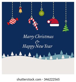 Vector Christmas greeting card - Happy New year and Merry Christmas holidays lettering on a winter snow background - EPS10 vector file organized in layers for easy editing.