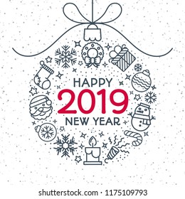 Vector Christmas greeting card with holiday ball consisting of icons cute line style and sign Happy New Year 2019. Christmas decoration for poster, invitation, party, flyer, sale banner. 10 eps