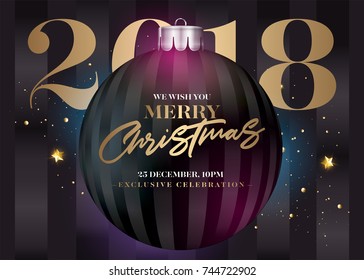 Vector Christmas Greeting Card. Holiday Elegant Background for Xmas Celebration. Dark Stylish Invitation with Christmas Ball, Gold Confetti and Lettering. Template for Poster, Flyer, Event, Banner.