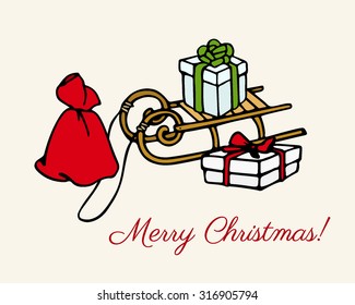 Vector Christmas greeting card. Vector illustration of magic sled with gift boxes and sack. Beautiful design elements.