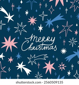 Vector Christmas greeting card with lettering - Merry Christmas - on night sky background. Stars and comets on dark blue background. Festive xmas greeting card.