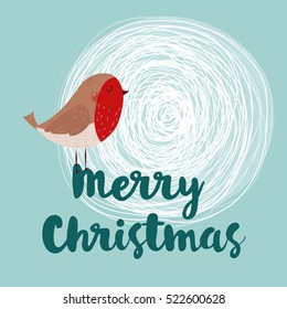 Vector Christmas greeting card. Little cute robin. Merry Christmas lettering, vector illustration. Holidays lettering with a robin on a winter snow background. 