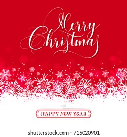 Vector Christmas Greeting Card, with Merry Christmas text on a red background, with white snow flakes fading to a white copy space