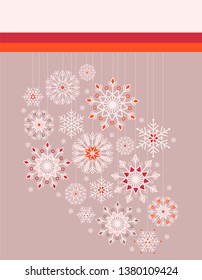 Vector Christmas greeting card on taupe background. Boho lace colorful hanging snowflakes. Holiday vector illustration.