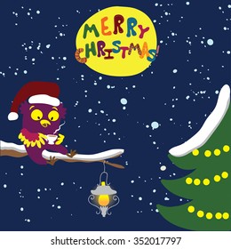 Vector Christmas Greeting card. Owl drinking tea at night forest.