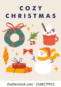 Vector Christmas greeting card or party invitation poster. Xmas backgrounds with traditional decorations