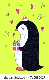 Vector Christmas greeting card with penguin. Hand drawn sketch with cute animal, hearts, present box and snowflakes