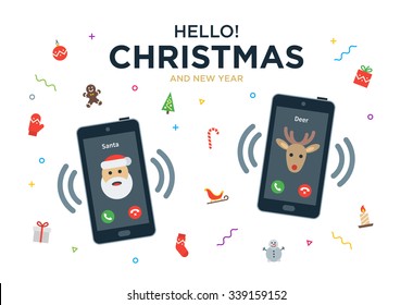 Vector Christmas Greeting Card with phone call from Santa Claus and Reindeer